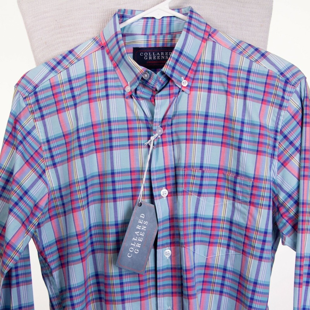 NWT Collared Greens Mens S Teal Blue Plaid LS Button‎ Front Shirt $98 MSRP - Picture 7 of 10